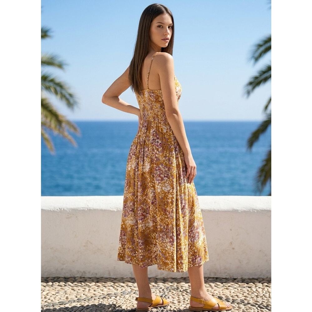 Milibon Floral Midi Smocked Dress Womens Medium Beachy Boho Coastal Cruise Party - Picture 8 of 16